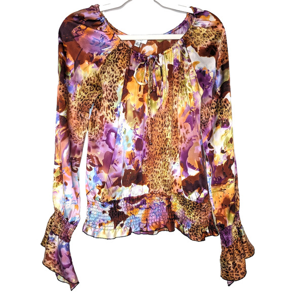 VTG Y2K Cache Silk Whimsigoth Peasant Boho Floral Leopard Print Fairy Blouse S - Picture 1 of 10